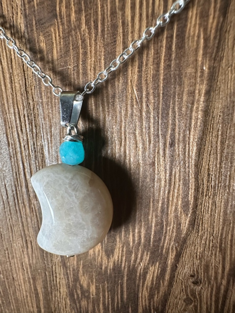 Small Coral Fossil Crescent Moon Charm Pendant Necklace, Amazonite and Silver - Picture 10 of 13